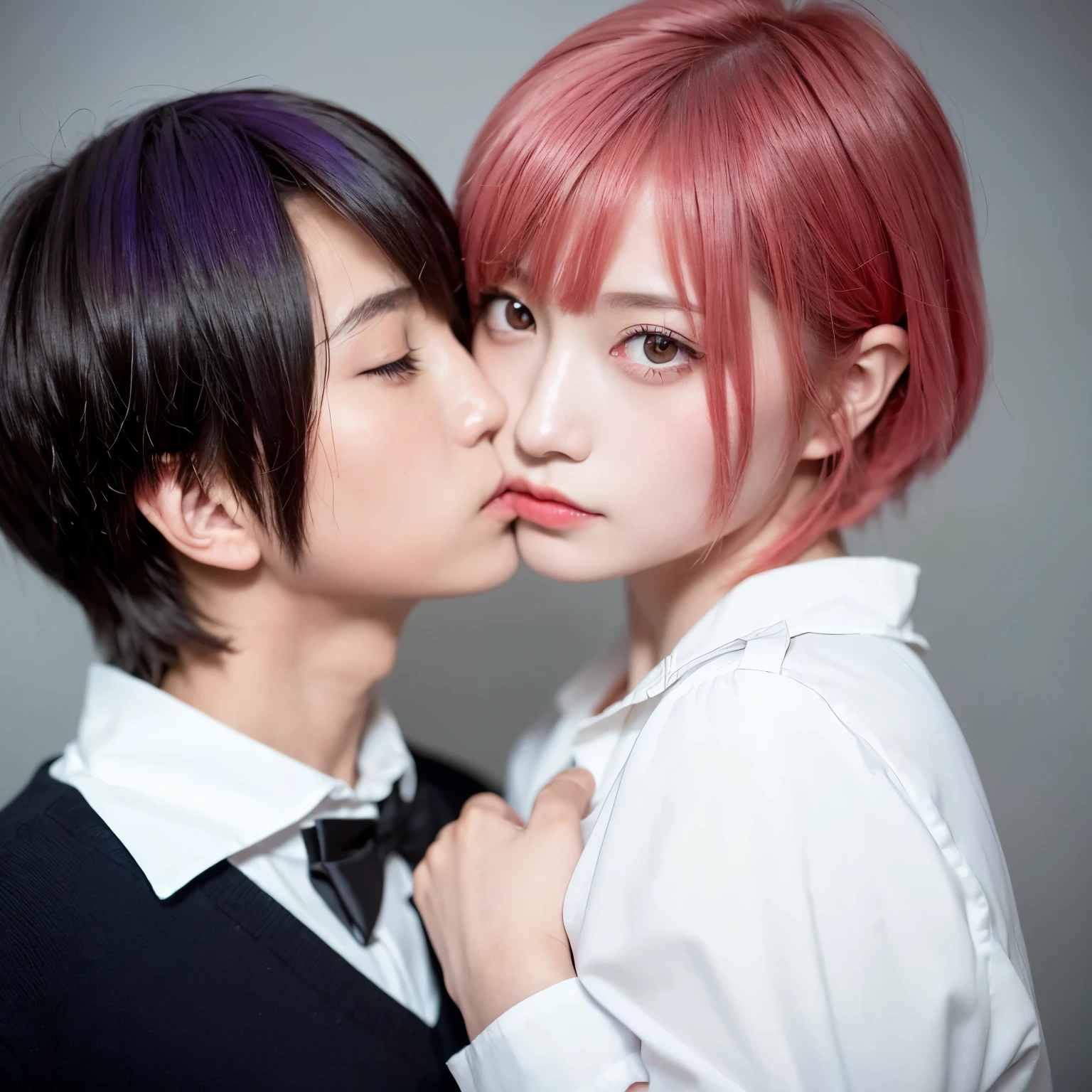 Girl and boy standing together, Girl touching boy's face. Girl Long, purple hair, And a boyish short, red hair. They are both dressed in school uniforms. they kiss standing up in the classroom. GUY SHORT RED HAIR. ((The guy has short red hair))
(material:illustartion),(Best Quality,hight resolution,Masterpiece:1.2),Ultra-detailed,(Realistic,Photorealistic,photo-realistic:1.37)
(style of:in full height),(Vivid colors),(Soft color tones)
(Light:soft-lighting),(bokeh).