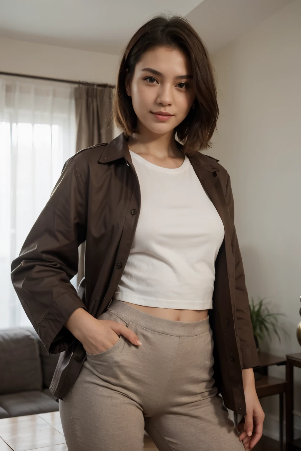 top-quality、​masterpiece、超A high resolution、(realisitic:1.4)、Beautuful Women１、Beautiful detail eyes、smile、Light brown short-cut hair, She is Wearing a shirt and long pants posing for a photo, gorgeous chinese model, photo of girl model, IG-Modell, beautiful female model, on the livingroom, shirt, red shirt, long pants, underwear, brown jacket