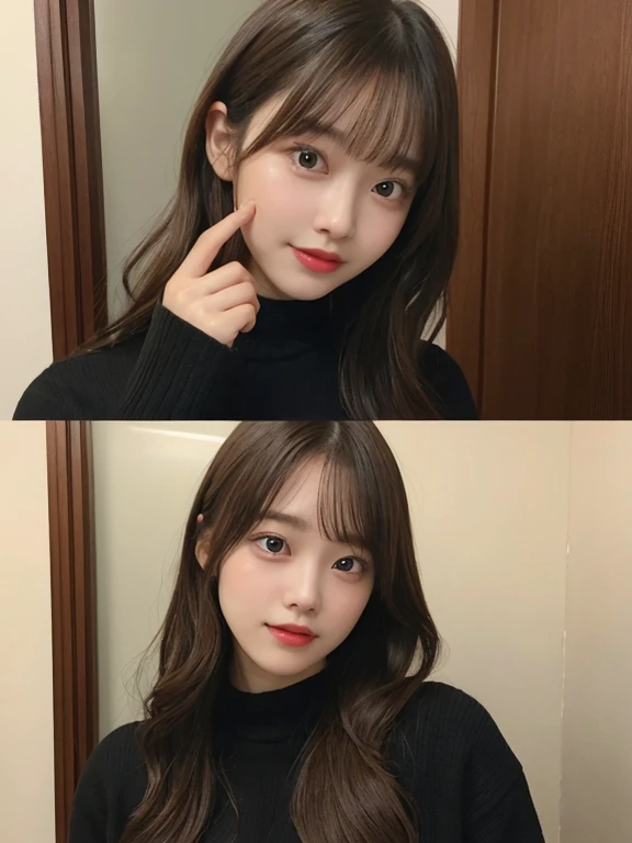 pieces fly, highest quality, figure, Super detailed, small details, High resolution, 8K Dende Wallpaper, 完璧なダイナミックな構figure, beautiful and fine eyes, Winter clothes,medium hair,natural color lip, Home front door(curly)、20 year old girl、cute type、Please show your face to the camera,face of ecstasy,blur background,KPOP idol face,cute type,Shoot from slightly above,look up,anatomically correct body