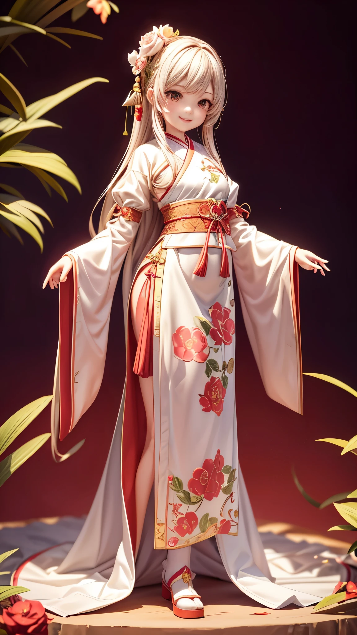 cinematic angle,( cute girl child,anatomically correct,whole body,masterpiece camellia,masterpiece Hanfu,smile),(figure, art,3D rendering),(very colorful, highest quality, highly detailed, masterpiece,  cinematic lighting, 4K, chiaroscuro)