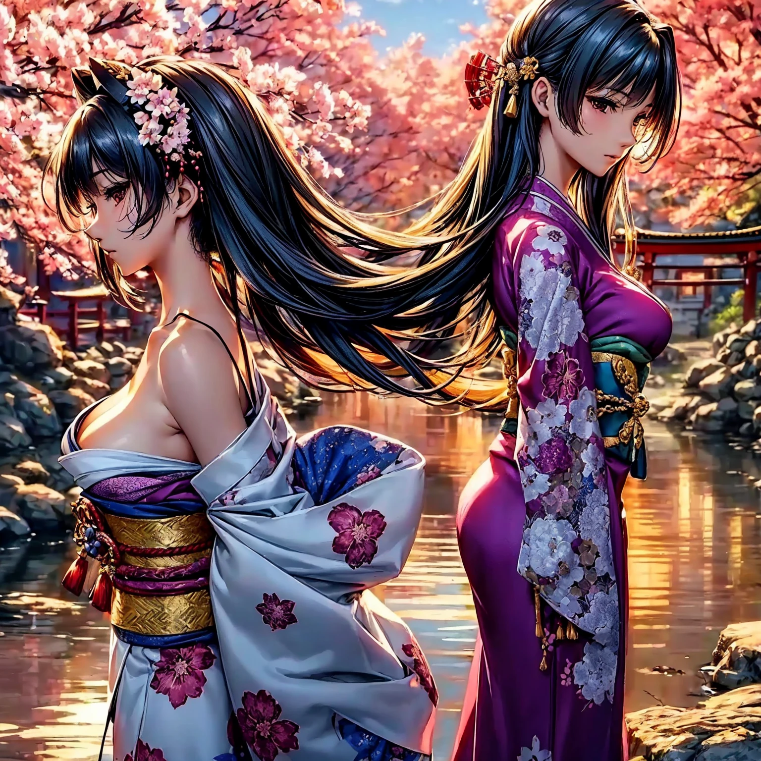 (((highest quality、masterpiece、8K quality,very high resolution)))、(A woman of perfect and ultimate beauty:18-year-old:Yamato Nadeshiko)、(beautiful face:smile、beautiful hair:Japanese hair decoration、beautiful body:Slender and beautiful breasts)、(best skin and hair texture)、(Beautiful Japan kimono:Japanese patterns and colors:Kimono sleeves and obi are long,Exposed shoulders from kimono,I can see the cleavage,I can see my thighs,whole body,Hair flutters under the influence of the wind,The sleeves and obi of the kimono flap in the wind.),(Mysterious waterfront:Beautiful cherry blossoms and waterfalls,Fantastic night sky and beautiful full moon,beautiful scenery,beautiful scenery,Beautiful colors)、bijinga,(beautiful pose,various camera angles、model shoot),Overall image、accurate anatomy:1.2、accurate image:1.2、highly detailed images、perfect image、Image without defects、natural soft light、beautiful images、(best shot:1.2,RAW photo:1.2)