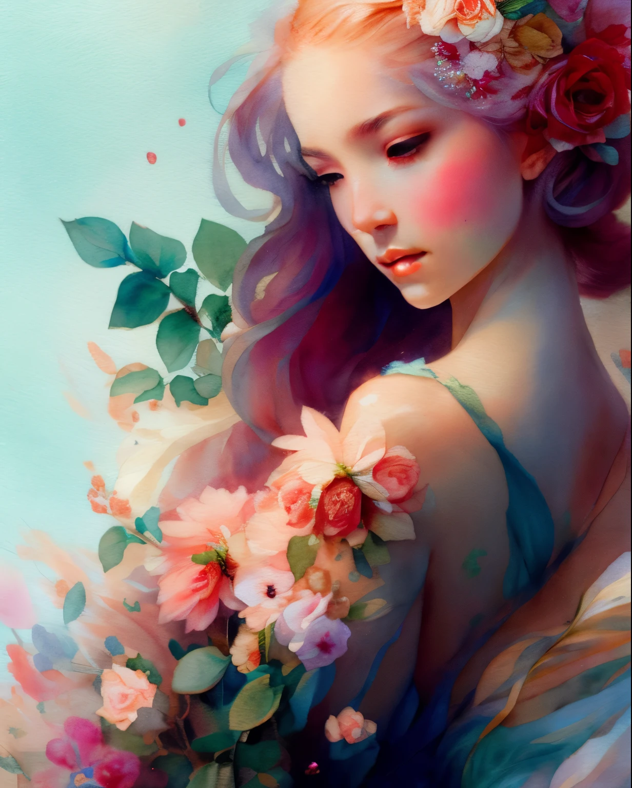 wtrcolor style, (rose) digital art, official art, blown by the wind, masterpiece, beautiful, ((watercolor)), paint splatter, intricate detail. Great detail, [dripping:0.7], Trending on Artstation, Rachel Walker