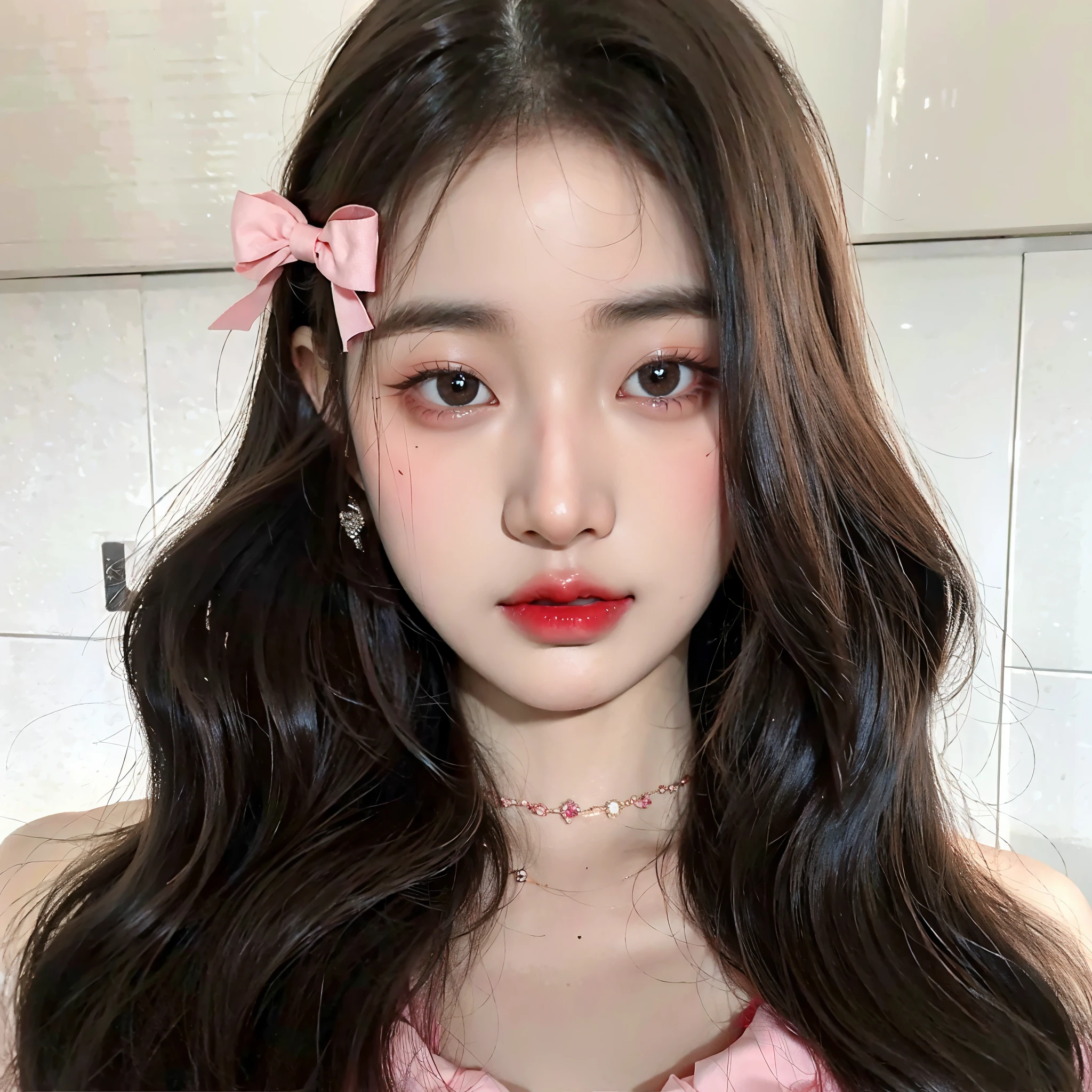 Arafed Asian woman with long hair wearing a pink dress and a pink bow, ulzzang, jaeyeon nam, Jinyoung Shin, pale korean adorable face, joven y adorable rostro coreano, el corte de hime, jennie rosa negro, Lalisa Manobal, muchacha coreana, jossi de blackpink, portrait of jossi de blackpink, rasgos de la cara coreana