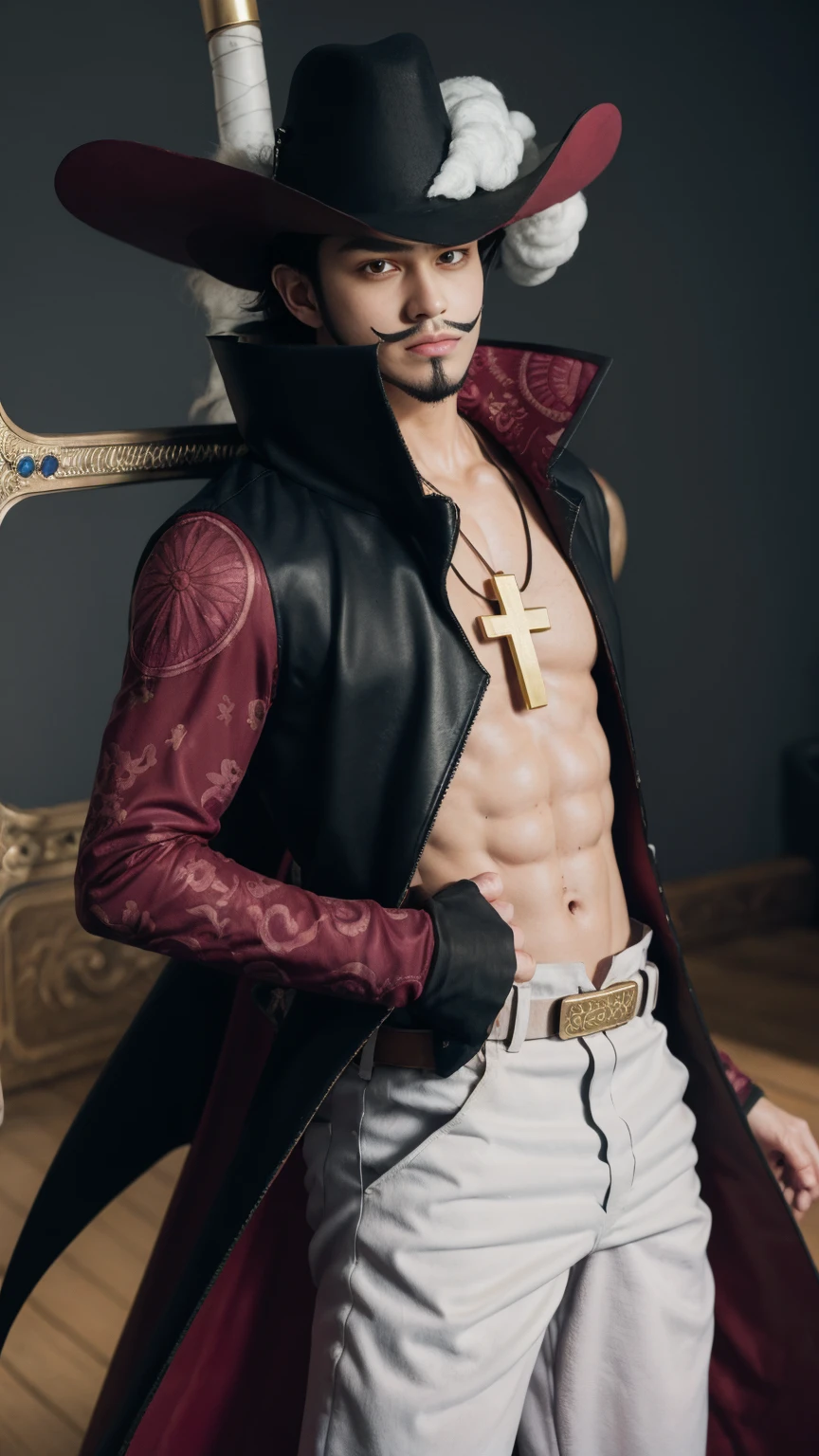 masterpiece, best quality, highres, scenery, ANIME_OP_dracule_mihawk_ownwaifu,.ownwaifu.com,1boy,hat,facial hair,jewelry,beard,necklace,abs,black hair,yellow eyes,belt,mustache,coat,muscular,pants,pectorals,open clothes,cross,goatee,pirate hat,cross necklace,long sideburns,sideburns,cape,open coat,bare pectorals,short hair,black headwear,pendant,spiked hair,manly,toned,fur trim,stubble,latin cross,long coat,navel,jacket,open_jacket,topless male,hat_feather,white_pants,thick_eyebrows,yoru_(sword)