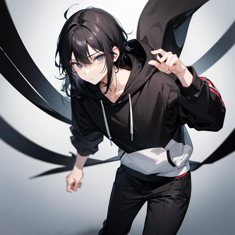 black hair、black eye、Gray hoodie、black pants、160cm、man