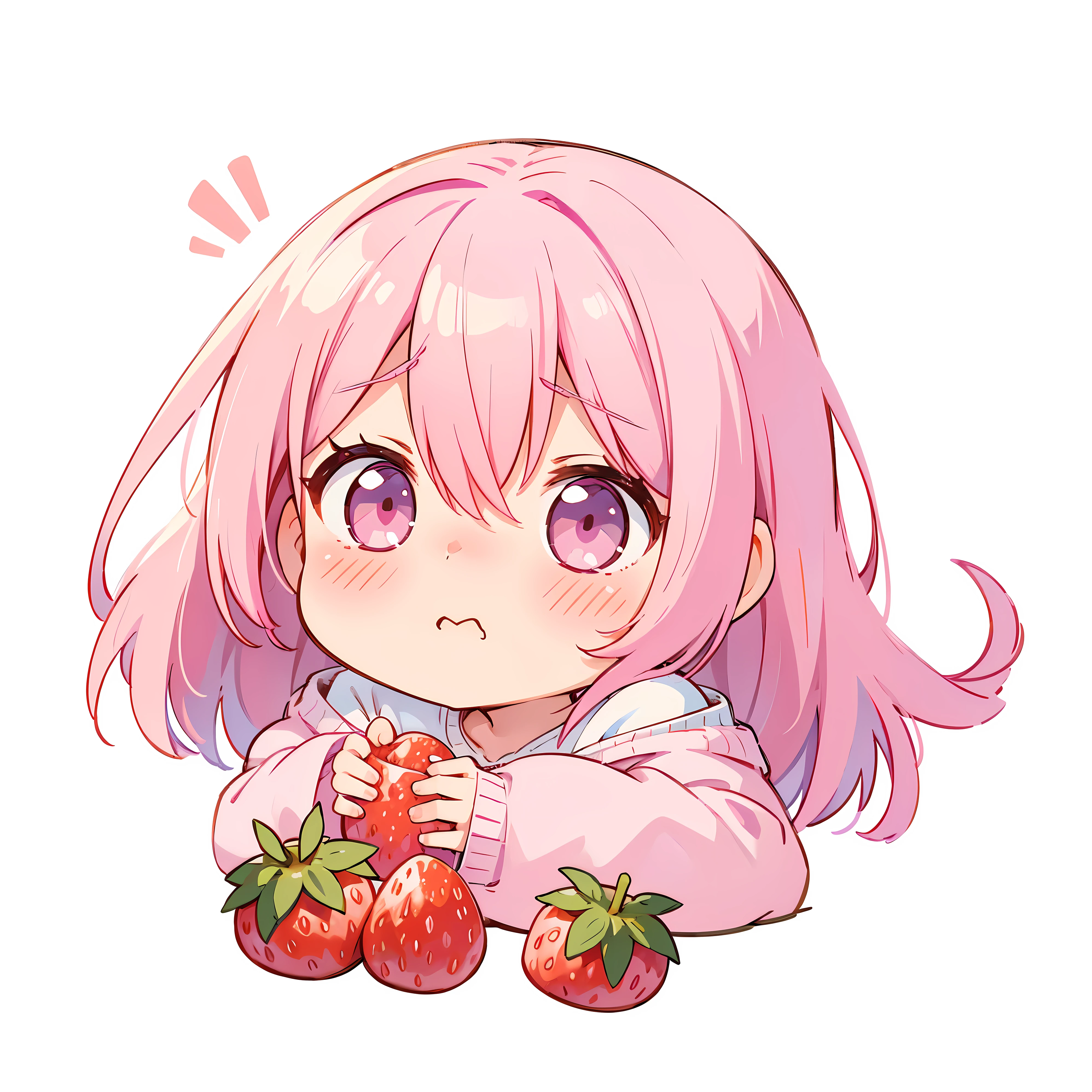 Pink hair, masterpiece, high res, illustration, cute, blush, (embarrassed), left angle, eating strawberries, only face, chibi