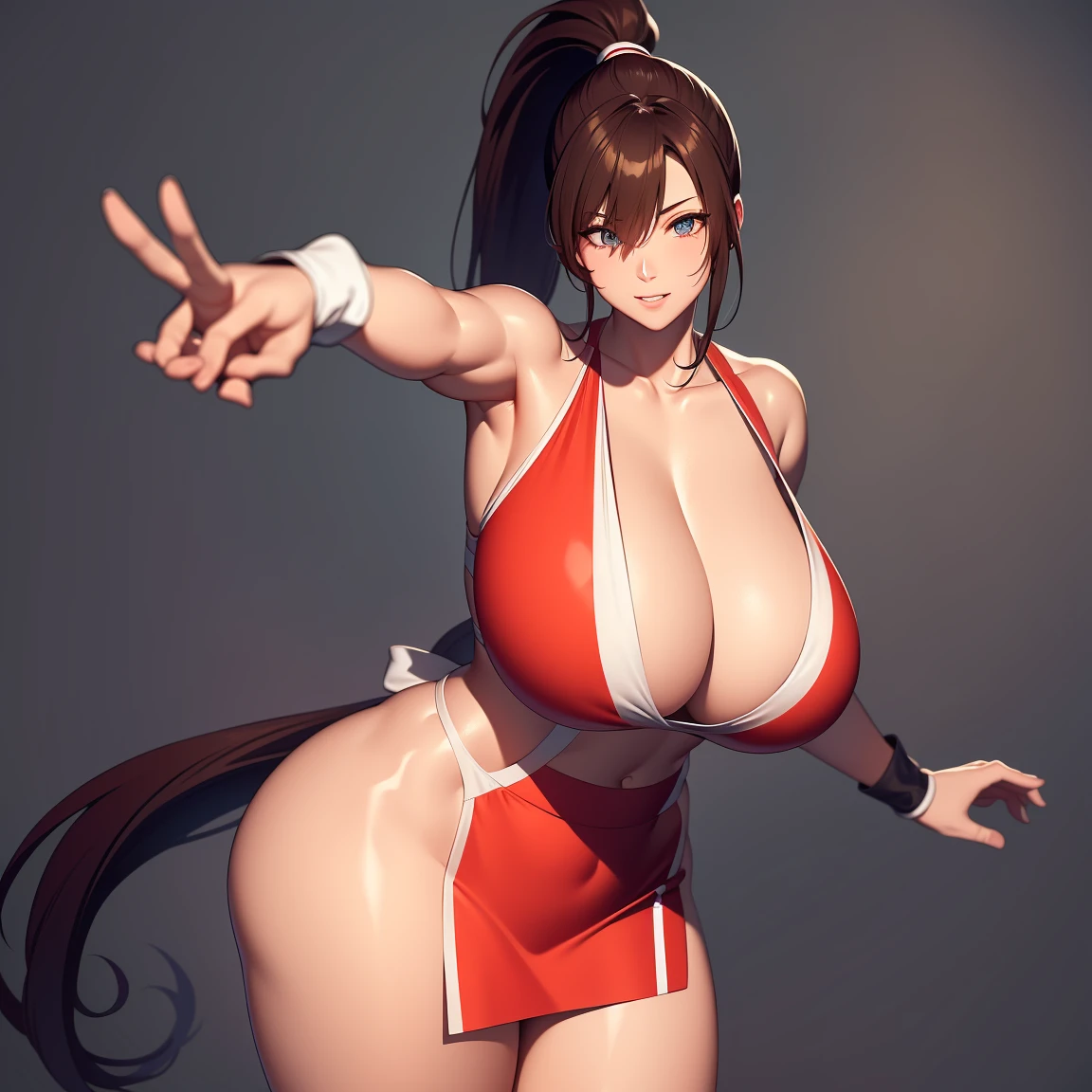 8k, Super details, precise, best quality, masterpiece, Super details, high detail, high quality, best quality, high resolution ，1 girl，huge tits，Healthy and muscular body，Lift up the red split skirt，Revealing thong，high ponytail，White analysis，Cool colors，Qi bangs