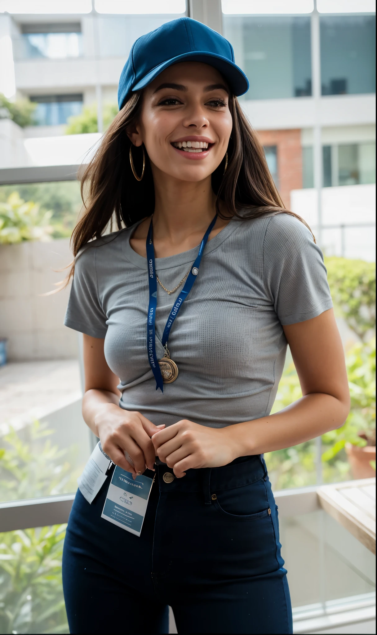 beautiful woman with blue baseball hat and gray shirt in front of a window, ela sorrindo and excited, mulher deslumbrante, ela sorrindo, em uma pista de corrida, vestindo camisa apertada, ela tem dentes brancos perfeitos, linda e sorridente, seu umbigo exposto, linda mulher, Victoria Gavrilenko