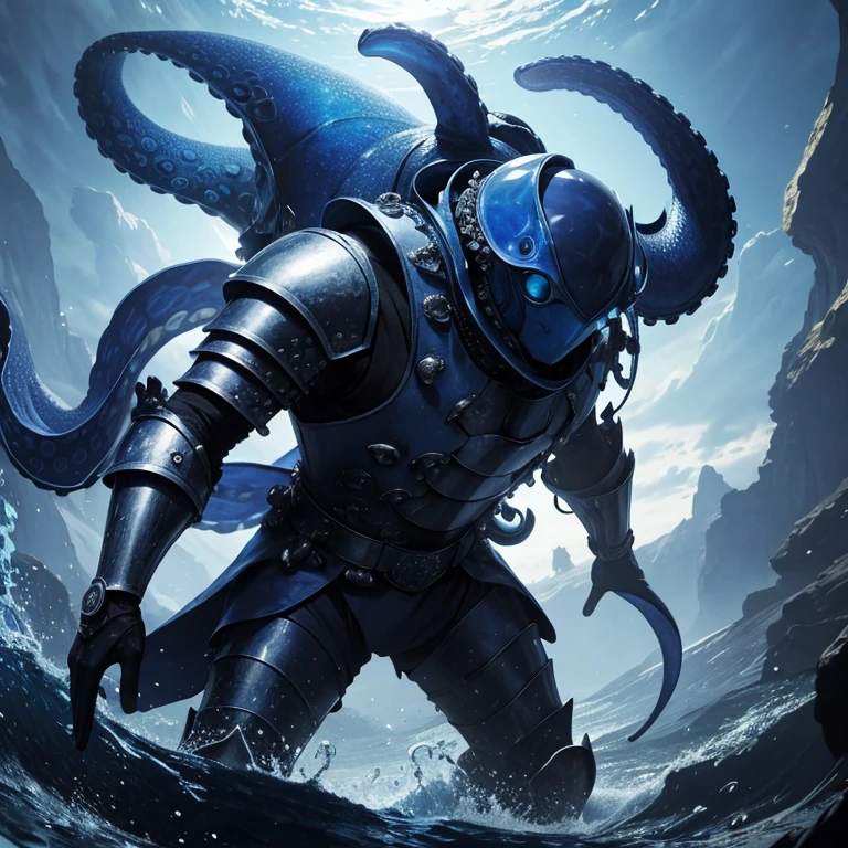 A blue octopus with a detached head attached to his body, and with a coat of armor And eight.
