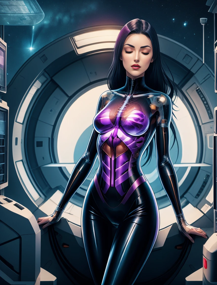 2d anorexic cartoon woman, she has a long neck, she has long black hair.mature. she wears a purple v-neck skin tight body suit. She  inside a stasis pod capsule in space. She  asleep with her eyes closed