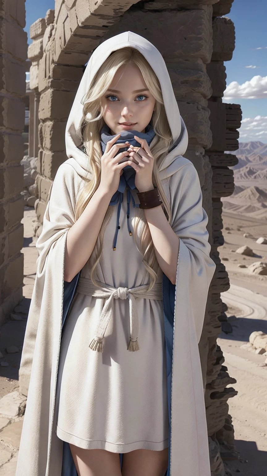 22 year old white female、hair color is blonde、blue eyes、long hair、The ends of the hair are wavy、hair is set、accessories on wrist、wears a cloak that covers the entire body、wearing a hood、wearing a muffler、covering the mouth with a muffler、Inside a ruin lined with columns in the desert、smile、hand on stone pillar