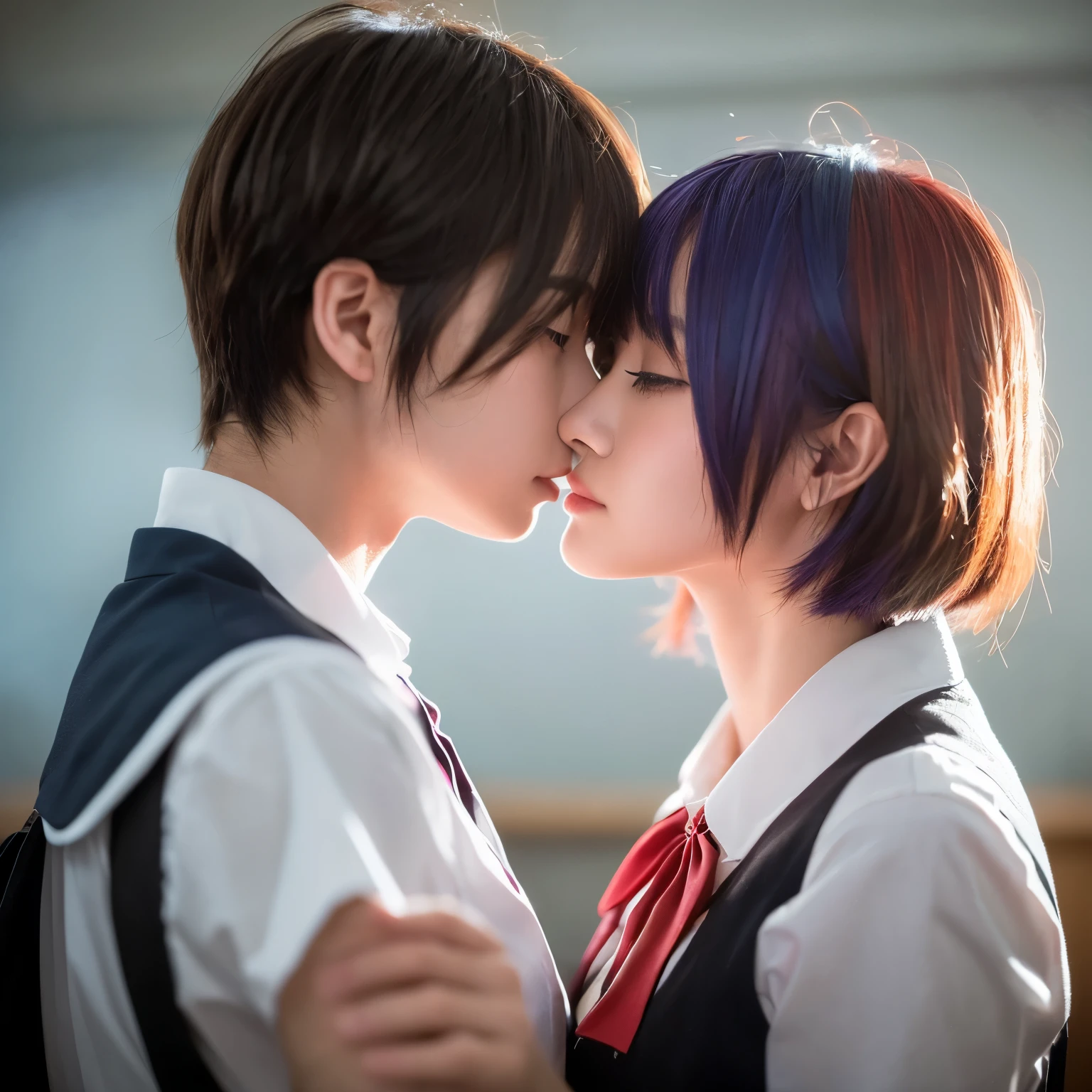 Girl and boy standing together, Girl touching boy's face. Girl Long, purple hair, And a boyish short, red hair. They are both dressed in school uniforms. they kiss standing up in the classroom. GUY SHORT RED HAIR. ((The guy has short red hair))
(material:illustartion),(Best Quality,hight resolution,Masterpiece:1.2),Ultra-detailed,(Realistic,Photorealistic,photo-realistic:1.37)
(style of:in full height),(Vivid colors),(Soft color tones)
(Light:soft-lighting),(bokeh).