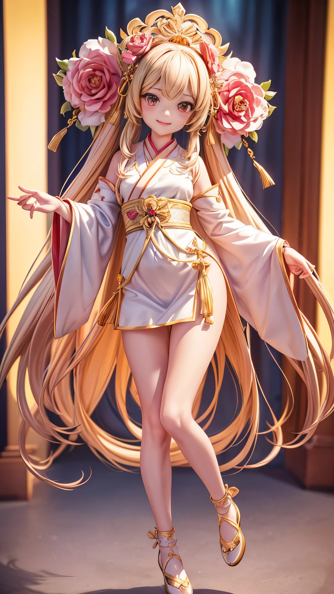 long hair of golden color、hime-cut、Golden Eyes、eye glasses、ssmile、Early teens girl、Smaller chest、Thin pubic hair、open transparent robe、Opening legs、traditional Japanese room