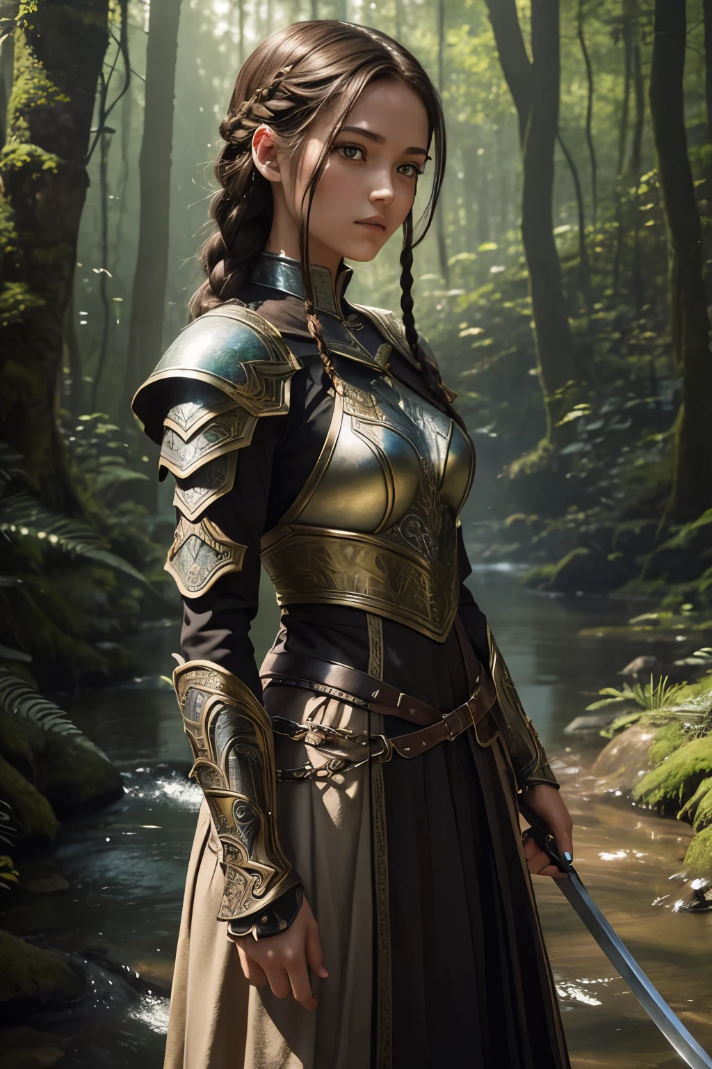 A girl wearing a braided chain armor, surrounded by lush greenery. She has beautiful detailed eyes and lips, with long eyelashes. She stands confidently, holding a sword in her hand. The armor shimmers in the sunlight, showcasing its metallic sheen. The girl's expression exudes determination and strength. The scene is set in a medieval forest, with towering trees and meandering streams. The lighting casts dappled shadows on the ground, creating an atmospheric and mysterious ambiance. The colors are vibrant and rich, with a warm and earthy tone. The artwork is of the highest quality, with ultra-detailed textures and realistic rendering. The braided chain armor showcases intricate craftsmanship, with each link meticulously designed. The overall composition evokes a sense of adventure and fantasy, with the girl as the courageous protagonist in her epic quest.
