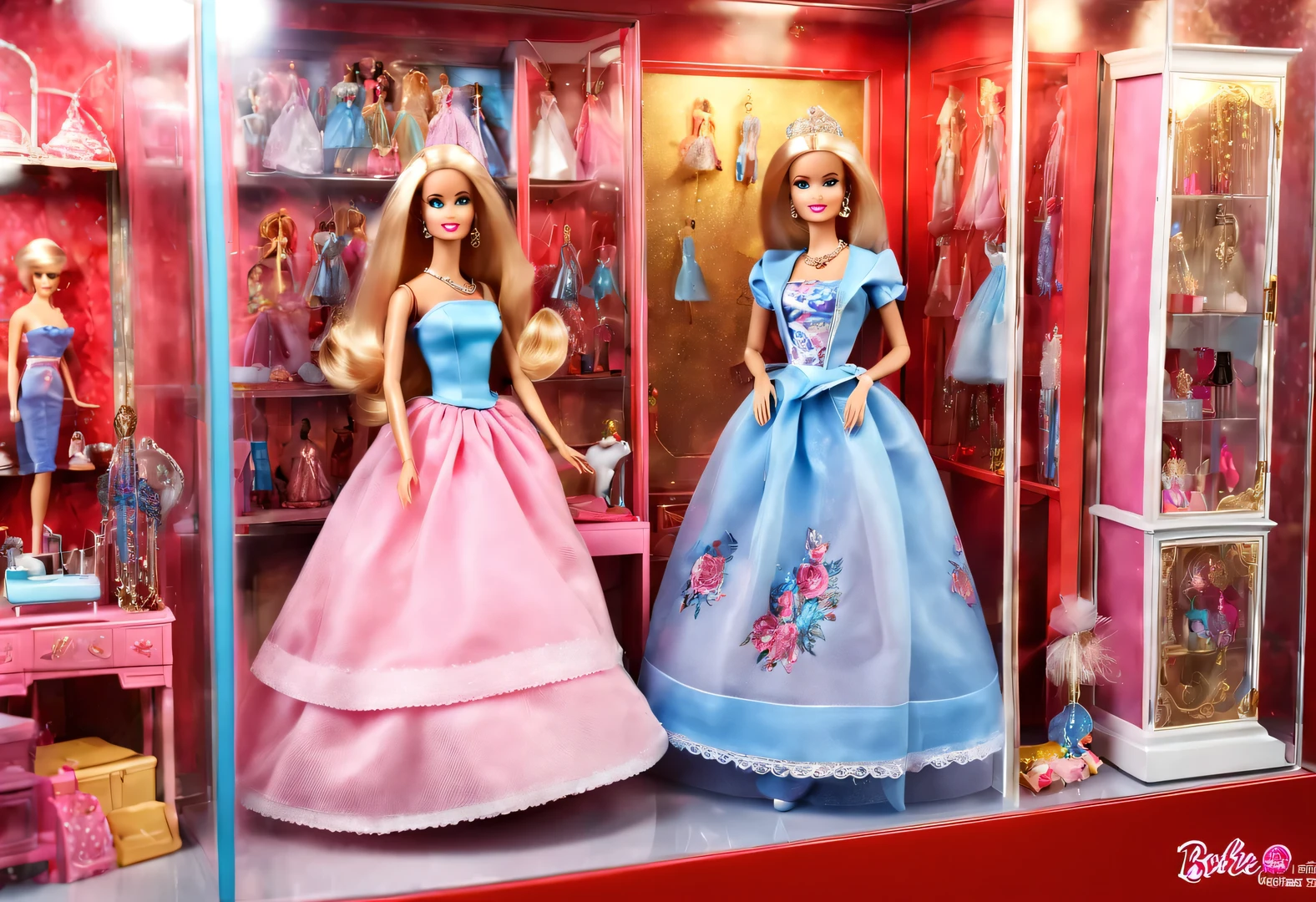 Barbie doll toy store window display in cyberpunk style glass display cabinet on street corner of futuristic city with fish eye effect），蒸汽赛博朋克style，European classic red、pink、蓝色和金ackground为background，Extraordinarily beautiful and clear face，big eyes，small music box toy，jewelry toys，Vintage engraved shelf with many toys pattern，Showcasing various Barbie Princess collections，Each doll  dressed in gorgeous and exquisite clothes，配上精美的珠宝和shoe，barbie accessories，Various clothing、shoe、Jewelry etc.，background：Large glass display cabinet，With 3D rendering、style、photography，