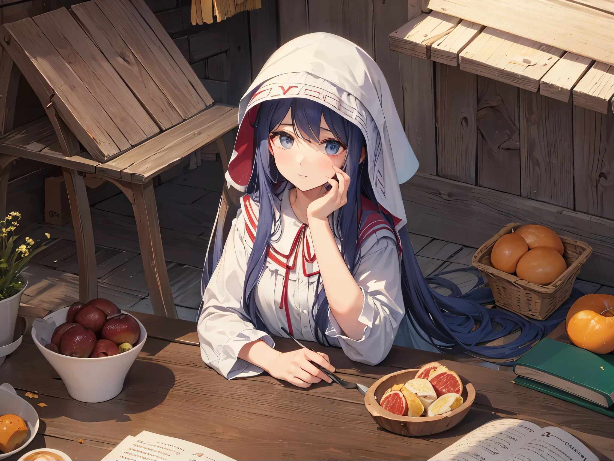 Ragazza con capelli celesti a caschetto, contadina, cappello di paglia, vestiti sporchi di terra e logori, vecchia fattoria sullo sfondo 