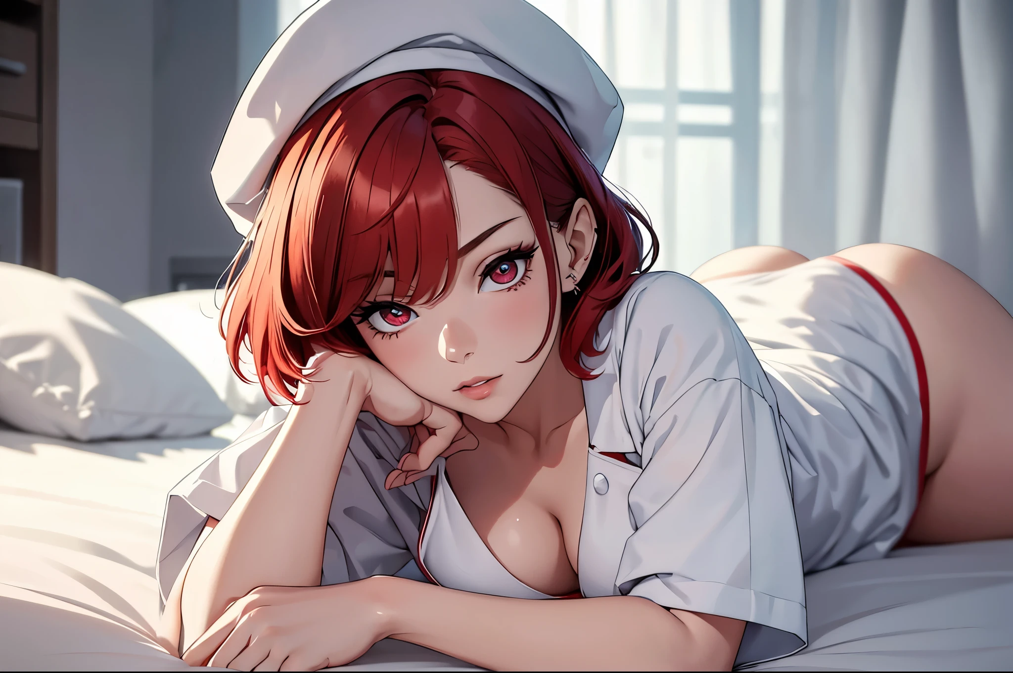 (best quality,8k,16k,highres,masterpiece:1.2),ultra-detailed,(realistic,photorealistic,photo-realistic:1.37),vivid colours, 1 mature woman, beautiful detailed eyes, beautiful detailed lips, Alone, wearing white nurse outfit, detailed outfit, perfect anatomy, attractive, large red eyes, short red hair, rendered eyes, detailed eyes, perfect body, nice hands, perfect eyes, detailed eyes, detailed short red hair, attractive woman , white nurse outfit, dress, nurse hat, covered shoulders, alluring, on stomach, lying pose, on hospital bed, hospital background, hospital curtain in left side of background, dynamic background,simple background, dark atmosphere, professional lighting, vivid colors, from below, dynamic anfle