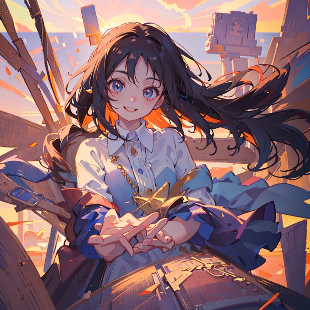 masterpiece, best quality, movie still, 1girl, smile girl, floating in the sky, close-up, bright, happy, warm soft lighting, sunset, (sparks:0.7)