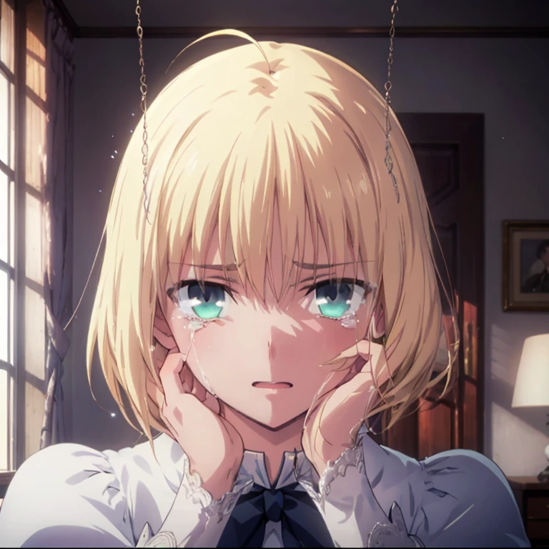 (looking at viewer, open eyes, alone, closeup face, typemoon, official art, ), solo, 1female, crying female, angry, bedroom, embarrassed, hands on cheeks, cool face, front face, wedding dress, swing sword,