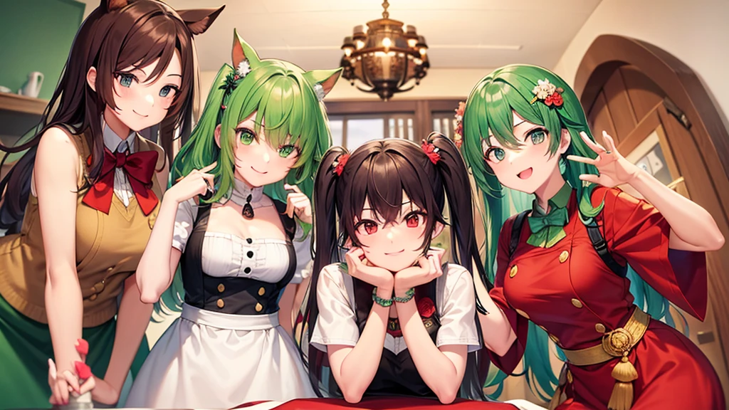 Whore house with multiple elf beauties, elves, lewd, seductive faces, blushing cheeks, whore house, elves waiting to be chosen, erotic atmosphere, top quality, masterpiece,