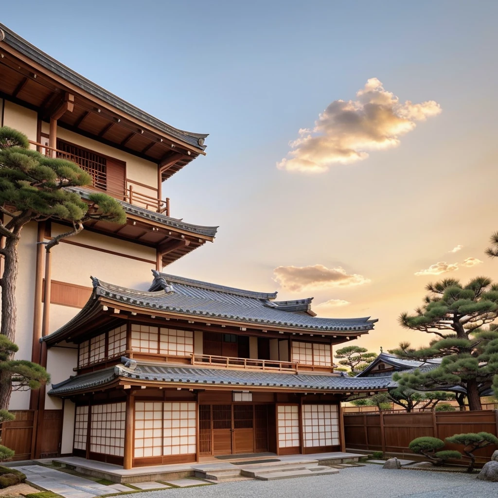 exterior of house, Japannese traditional style, Zen landscape, ahart pine tree, morning sunrise, beautiful sky, few cloud