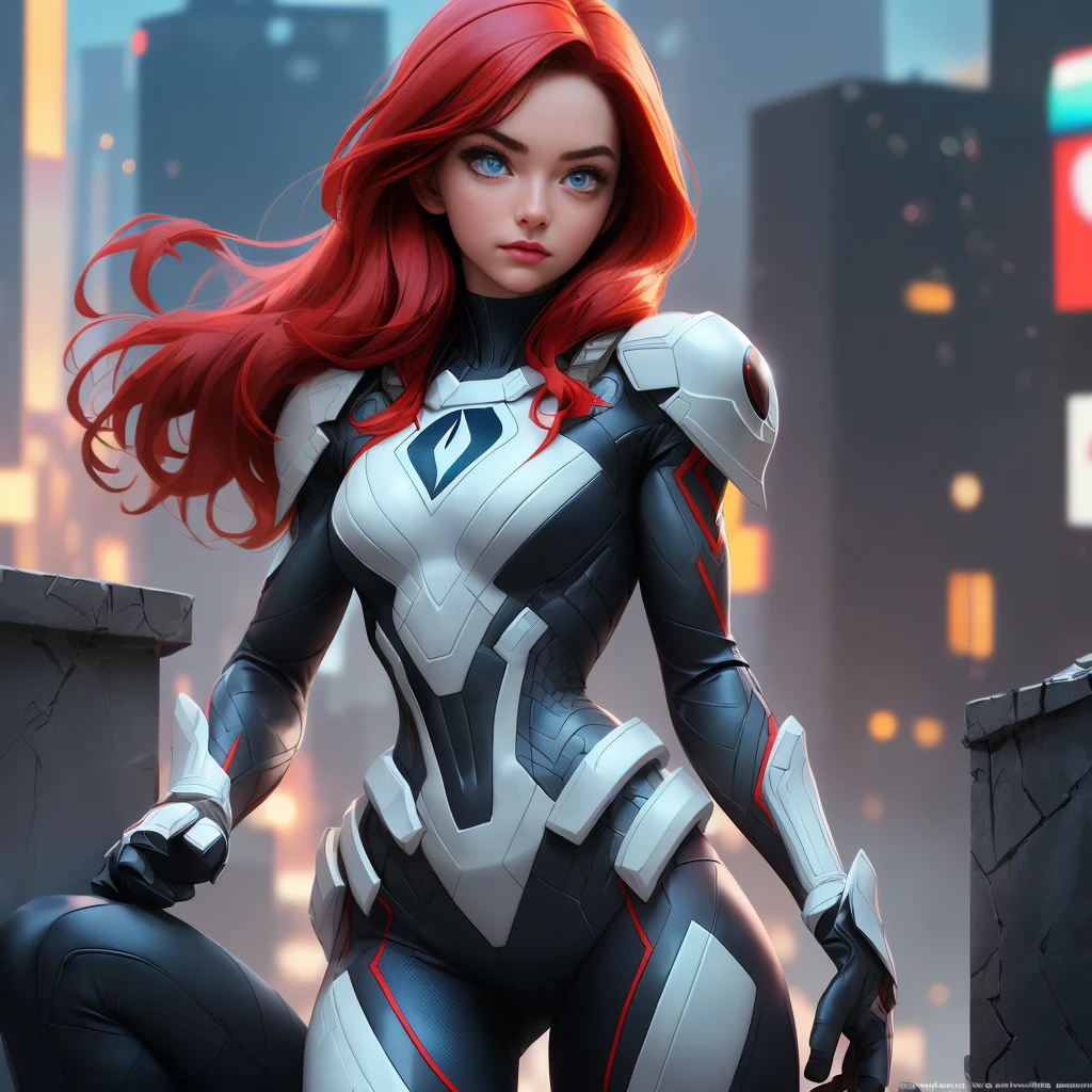 (1girl:1.3), Solo, (((Very detailed face)))), ((Very detailed eyes and face)))), Beautiful detail eyes, Body parts__, Official art, Unified 8k wallpaper, Super detailed, beautiful and beautiful, beautiful, masterpiece, best quality, original, masterpiece, super fine photo, best quality, super high resolution, realistic realism, sunlight, full body portrait, amazing beauty, dynamic hero pose, caucasian face, red hair, blue eyes, mj , marvel, venom, vibrant eyerom the front), She wears symbiote Spider-Man suit, black color scheme, spider, very detailed city roof background, rooftop, overlooking the city, detailed face, detailed complex busy background, messy, gorgeous, milky white, highly detailed skin, realistic skin details, visible pores, clear focus, volumetric fog, 8k uhd, DSLR, high quality, film grain, fair skin, photo realism, lomography, futuristic dystopian megalopolis, translucent, full body , fit body, nice breast, small waist, beautifull butt