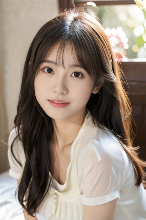 ((masterpiece))), (((full body photo))、(((in the bedroom，lying down)))、 (one beautiful girl, innocence，cute) ，ultra high resolution, reality, Super detailed, 8K,highest quality, very detailed, blurred background,thin,small breasts，(very beautiful japanese girl, detailed face:1.3), (beautiful long-haired，black hair:1.4), (，cute系,adorable), (perfect body:1.1),((White Down Blouse, cute下着))、rosy cheeks，shy smile，detailed face、detailed lips、detailed eyeig eyes，small gravure idol，transparent skin、beautiful lighting，glowing skin，lolita，morning, Surrounded by gentle sunlight, best shadows, best work，Landscapes with love，Warm atmosphere，cinematic lighting，