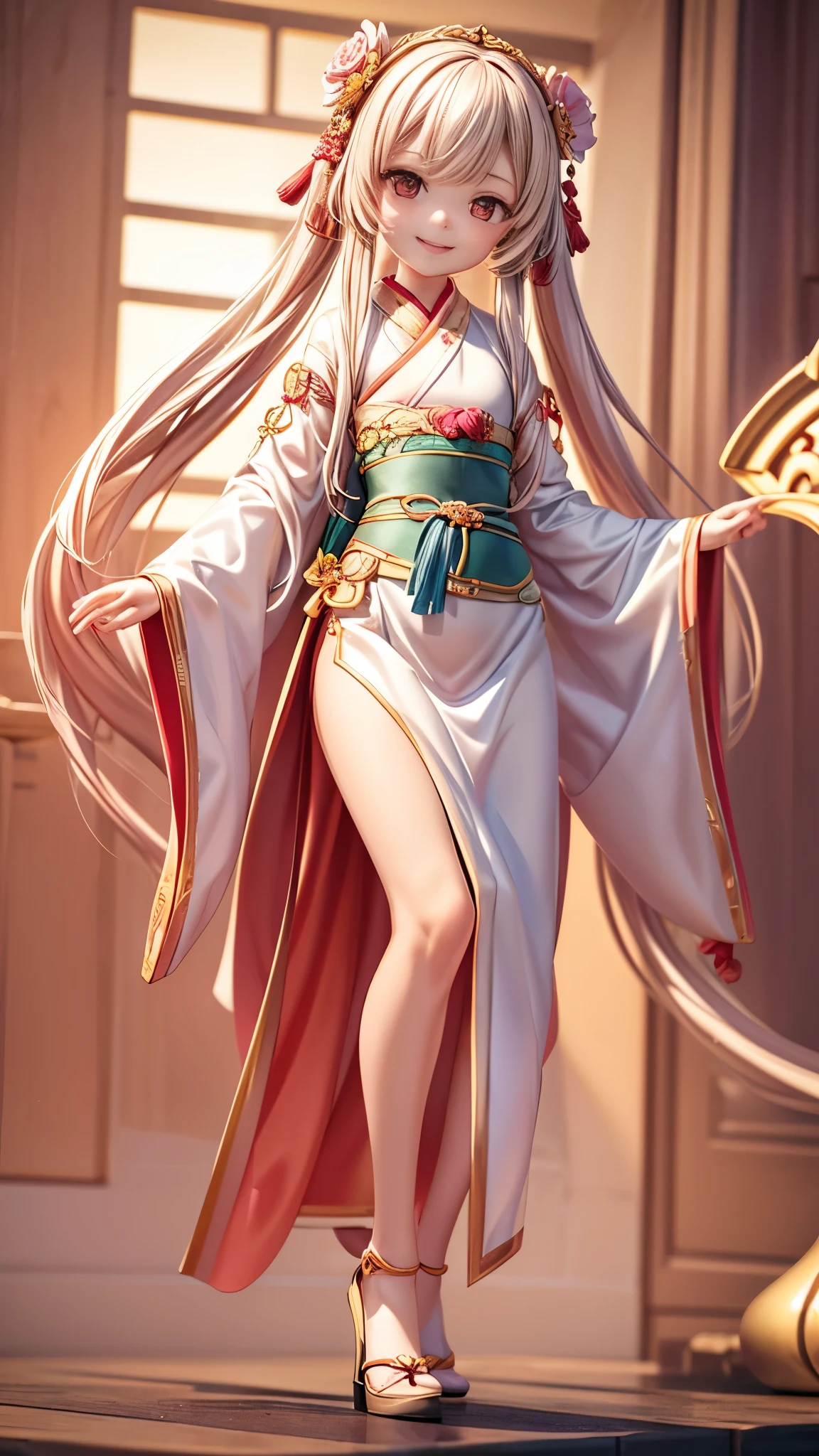 cinematic angle,( cute girl child,anatomically correct,whole body,masterpiece camellia,masterpiece Hanfu,smile),(figure, art,3D rendering),(very colorful, highest quality, highly detailed, masterpiece, cinematic lighting, 4K, chiaroscuro)