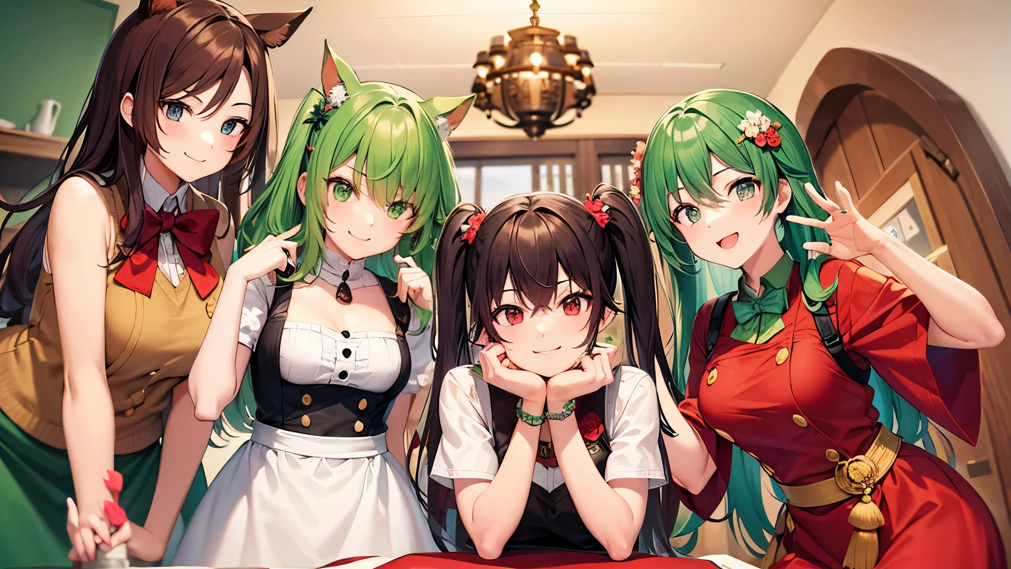1A beautiful anime-style older sister。High color saturation。red glasses、green eyes。wave hands。cute pose、green hair。Fluffy semi-long hair。horse ears。Red Flower Hair Ornament、wearing a brown apron、wearing a green shirt、very big bust。smile、lipstick