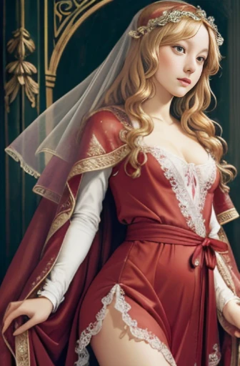 oil painting, beautiful blushing Venus, (((looking at viewer enchantingly))), (((wavy blonde))), against red roses background, (((small bust, narrow waist, beautiful legs))), (((greek robe , rose lace veil))), (((renaissance art style))), (((art by Sandro Botticelli)))