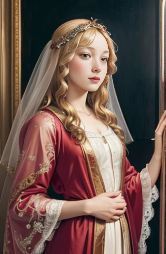oil painting, beautiful blushing Venus, (((looking at viewer enchantingly))), (((wavy blonde))), against red roses background, (((small bust, narrow waist, beautiful legs))), (((greek robe , rose lace veil))), (((renaissance art style))), (((art by Sandro Botticelli)))