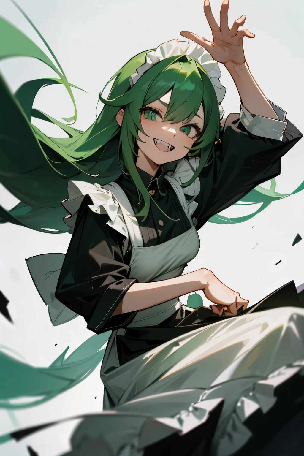 Green haired woman、long hair、Maid clothes、opening one's mouth with one's hand、Jagged teeth