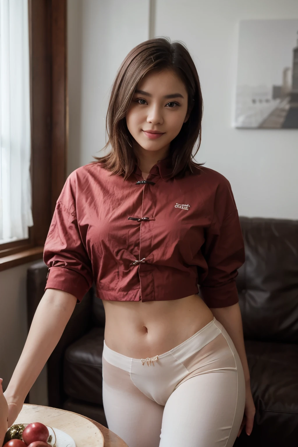 top-quality、​masterpiece、超A high resolution、(realisitic:1.4)、Beautuful Women１、Beautiful detail eyes、smile、Light brown short-cut hair, She is Wearing a shirt and long pants posing for a photo, gorgeous chinese model, photo of girl model, IG-Modell, beautiful female model, on the livingroom, shirt, red shirt, long pants, underwear, brown jacket