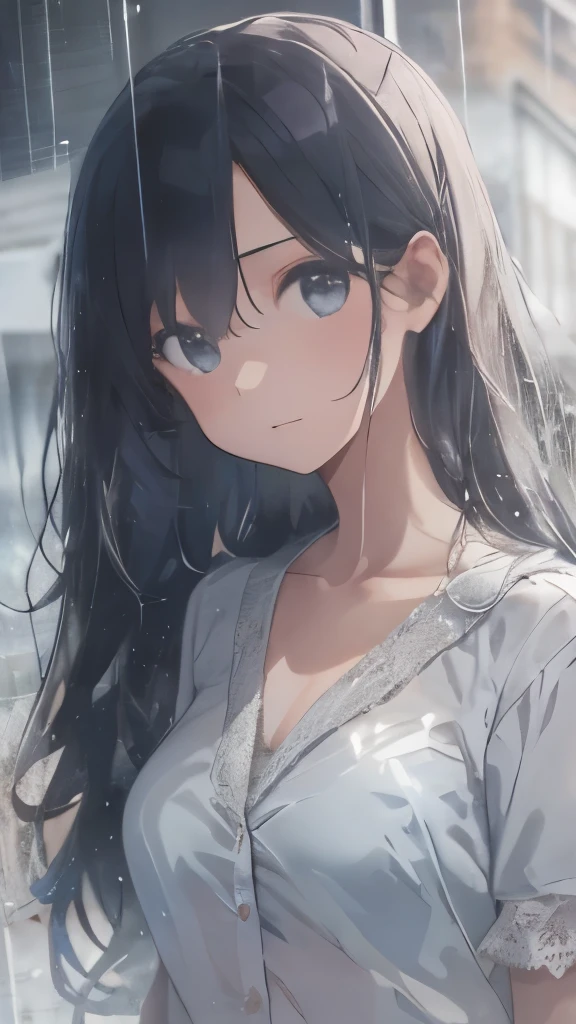 it's raining a lot,Taking shelter from the rain outside,soaked,wearing a white blouse, The blouse is transparent and the bra is visible,one girl, beautiful, one girl, long hair with black hair, 22 years ago,