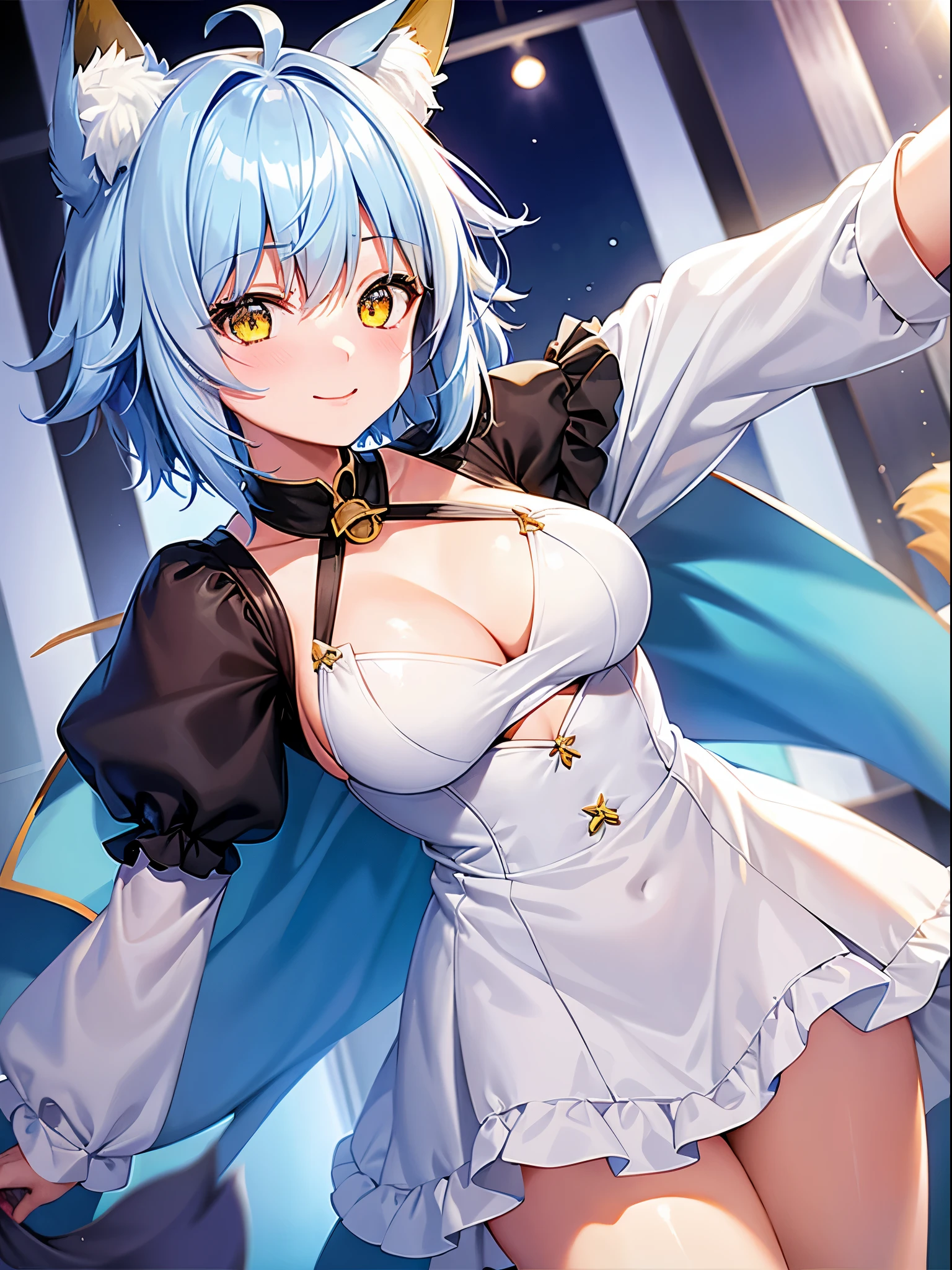 1girl in, fox ear,  light blue short hair,bangs pinned back,Ahoge,Colored inner hair, Yellow eyes,Cute, blush, medium breasts⁩,   smile, celebrationwear, shopping street