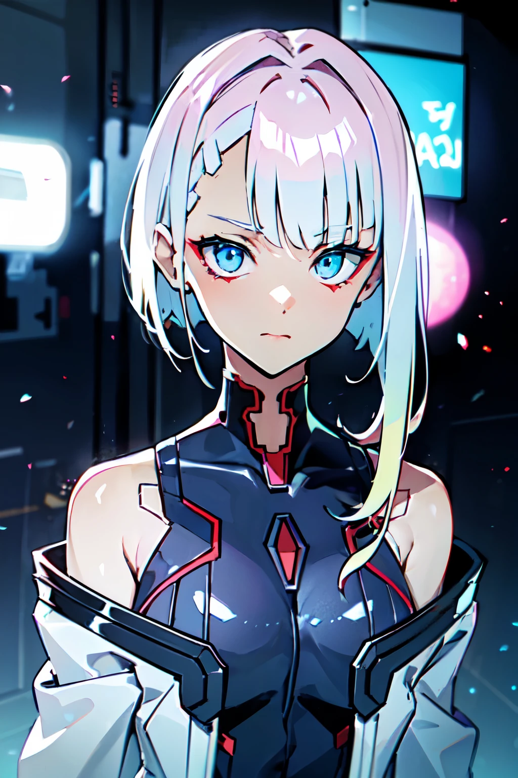 1 girl, (alone:1.2), ((masterpiece)), Slim, Under small breasts, Pale complexion, ((delicate eyeokeh effect), Short hair details, white hair, blue hair, blue eyes, internal