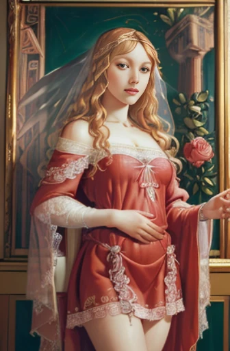 (((oil painting))), beautiful blushing Venus, (((looking at viewer enchantingly))), (((wavy blonde))), against red roses background, (((small bust, narrow waist, beautiful legs))), (((greek robe , rose lace veil))), (((renaissance art style))), (((art by Sandro Botticelli)))