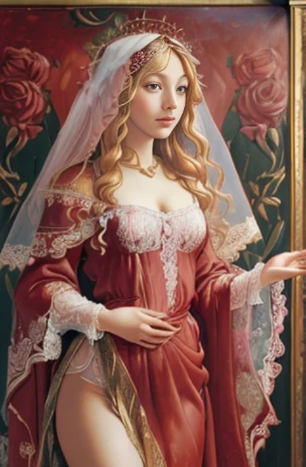 (((oil painting))), beautiful blushing Venus, (((looking at viewer enchantingly))), (((wavy blonde))), against red roses background, (((small bust, narrow waist, beautiful legs))), (((greek robe , rose lace veil))), (((renaissance art style))), (((art by Sandro Botticelli)))