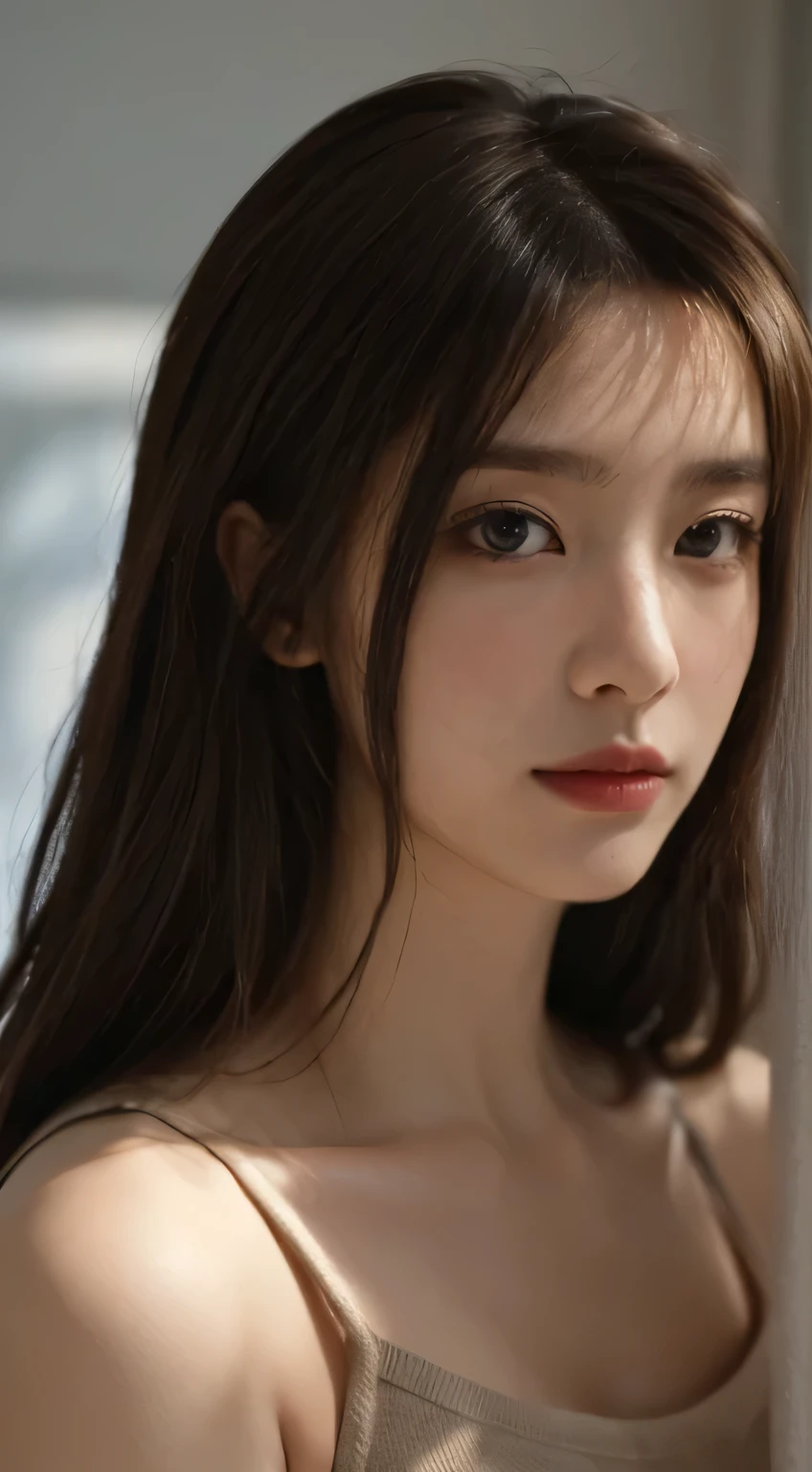 ((top-quality、8K、masterpiece:1.3))、1girl in、Slim Abs Beauty:1.3、(Hairstyles Brown Hair Shortcuts、Colossal tits:1.2)、doress:1.1、Super fine face、Delicat eyes、二重まぶた、A smile、flat background color #D9D9D9、Raw photo、Tank Tops