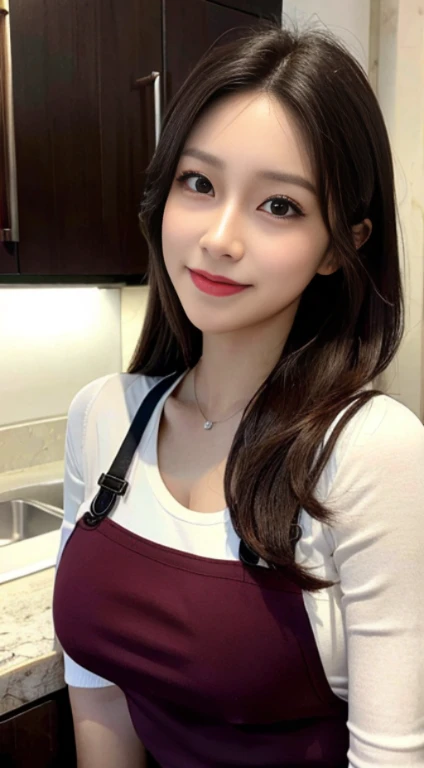 Ultra detail, high resolution, (realistic, realistic:1.4), 8k, (best quality), physical-based rendering, realistic photos, professional color grading, highest quality, beautiful woman with perfect body: 1.4, dark brown hair, wearing an apron, in the kitchen, very detailed face and skin, detailed eyes, double eyelids, smile