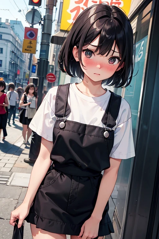 black hair,reddish eyes、very detailed、masterpiece、highest quality、Ultra high decomposition energy A、8K high resolution、Clear like a photo、ultra high resolution、Gradation depiction、photorealistic、city、 (crowd)、based on anthropology、girl、detailed eyes、short hair、,、(white Tshirt)、 (black overall skirt:1.4), knee length, ,active angle,,(embarrassed,nose blush) ,、