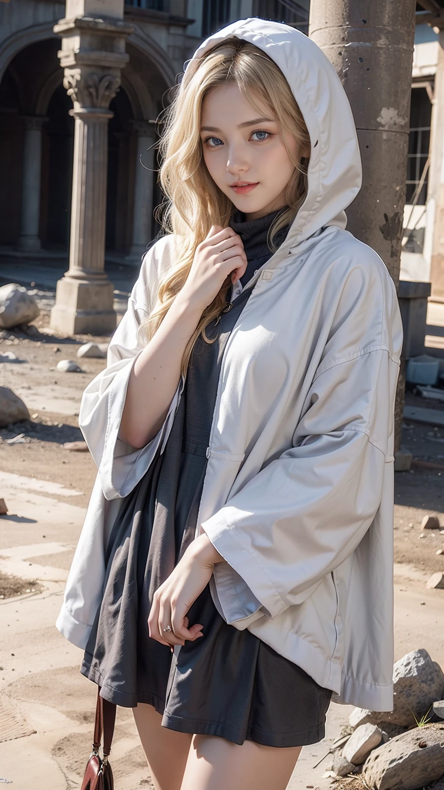 22 year old white female、hair color is blonde、blue eyes、long hair、The ends of the hair are wavy、hair is set、accessories on wrist、wears a cloak that covers the entire body、wearing a hood、wearing a muffler、covering the mouth with a muffler、Inside a ruin lined with columns in the desert、smile、hand on stone pillar