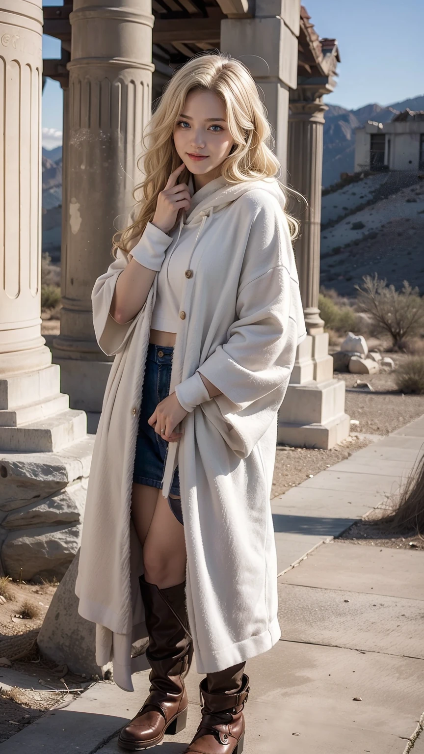 22 year old white female、hair color is blonde、blue eyes、long hair、The ends of the hair are wavy、hair is set、accessories on wrist、wears a cloak that covers the entire body、wearing a hood、wearing a muffler、covering the mouth with a muffler、Inside a ruin lined with columns in the desert、smile、hand on stone pillar