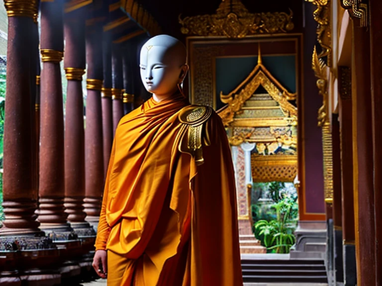 hyper-realistic, cinematic wide shot, faceless, no face at all, Buddhist Thai monks, covered the head fit tied with shiny saffron spandex fabric, wearing shiny saffron robe, covered body head to toe, covered head and face with saffron robe tightened, look alike a mannequin, no face, standing in the ruin of dark abandoned Thai grand palace, highly detailed, deep aesthetic, highly ornate intricate details, god ray