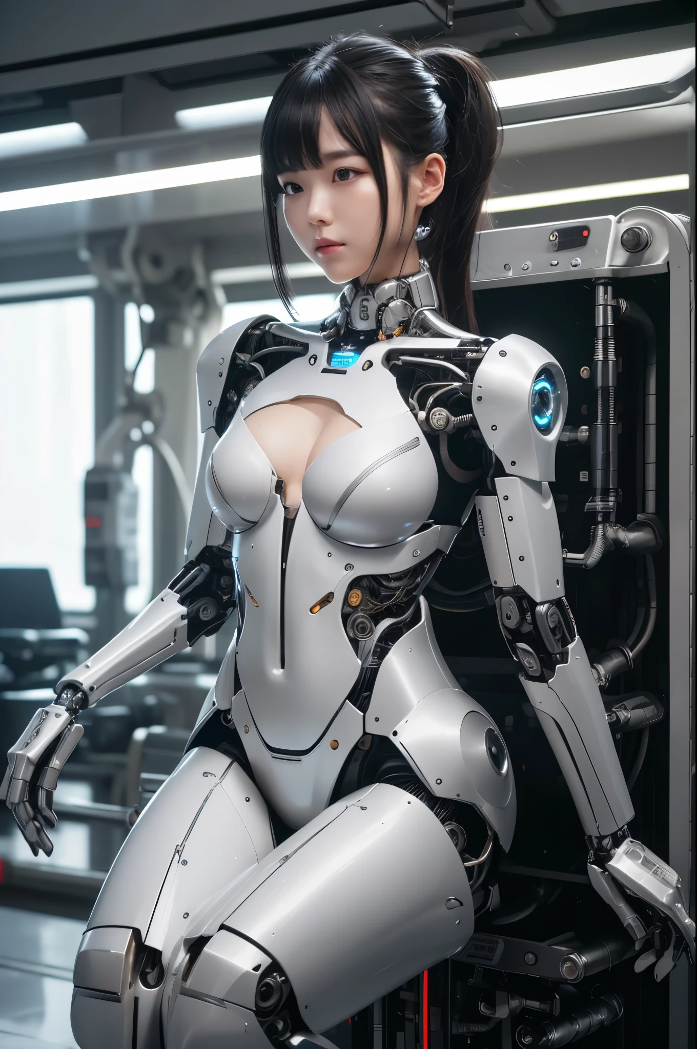 (photorealistic:1.4), (RAW photo)masterpiece, best quality, extremely detailed, (8K, 4K, Best Quality, hight resolution, 超A high resolution:1.1), 8K portrait,1girl in, Japaese android girl,announcer,Plump ,metallic robot girl,silver robot girl, control panels,android,Droid,Mechanical Hand, Robot arms and legs, Black hair,Mechanical body,Blunt bangs,White Robotics Parts,perfect robot woman,Charging spot,Long Tube,A thick cable was connected to her neck,android,robot humanoid,a bit chubby,full eyes,perfect mechanical silver body,silver robotics body,future assembly plant,She has repaired,black sponge joints,android assembly plant,android,laboratory,perfect machine body,metallic body,silver body,silver admen,The removable cover is in the groin,The connection port is in the groin,perfect mechanical breast,robotic body suits,