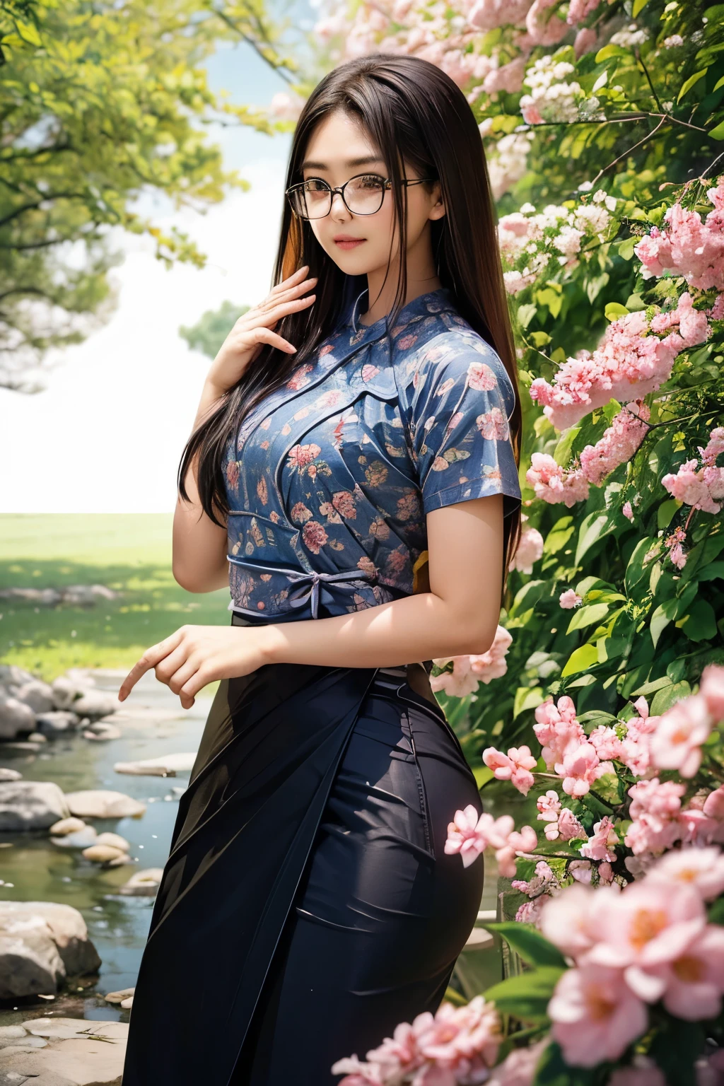 RAW photo, A  Asian woman with long hair is walk in a cherry flower Plantation, wears a long Indonesian batik black skirt and a black Indonesian batik shirt, Indonesia batik with intricate design, Beautiful Body, acmm ss outfit, acmm long skirt, wearing acmm top, very attractive and beautiful, with lovely look, traditional clothes, very beautiful enga style, (high detailed skin:0.8), 8k uhd, dslr, soft lighting, HDR, warm light, high quality, film grain, Fujifilm XT3