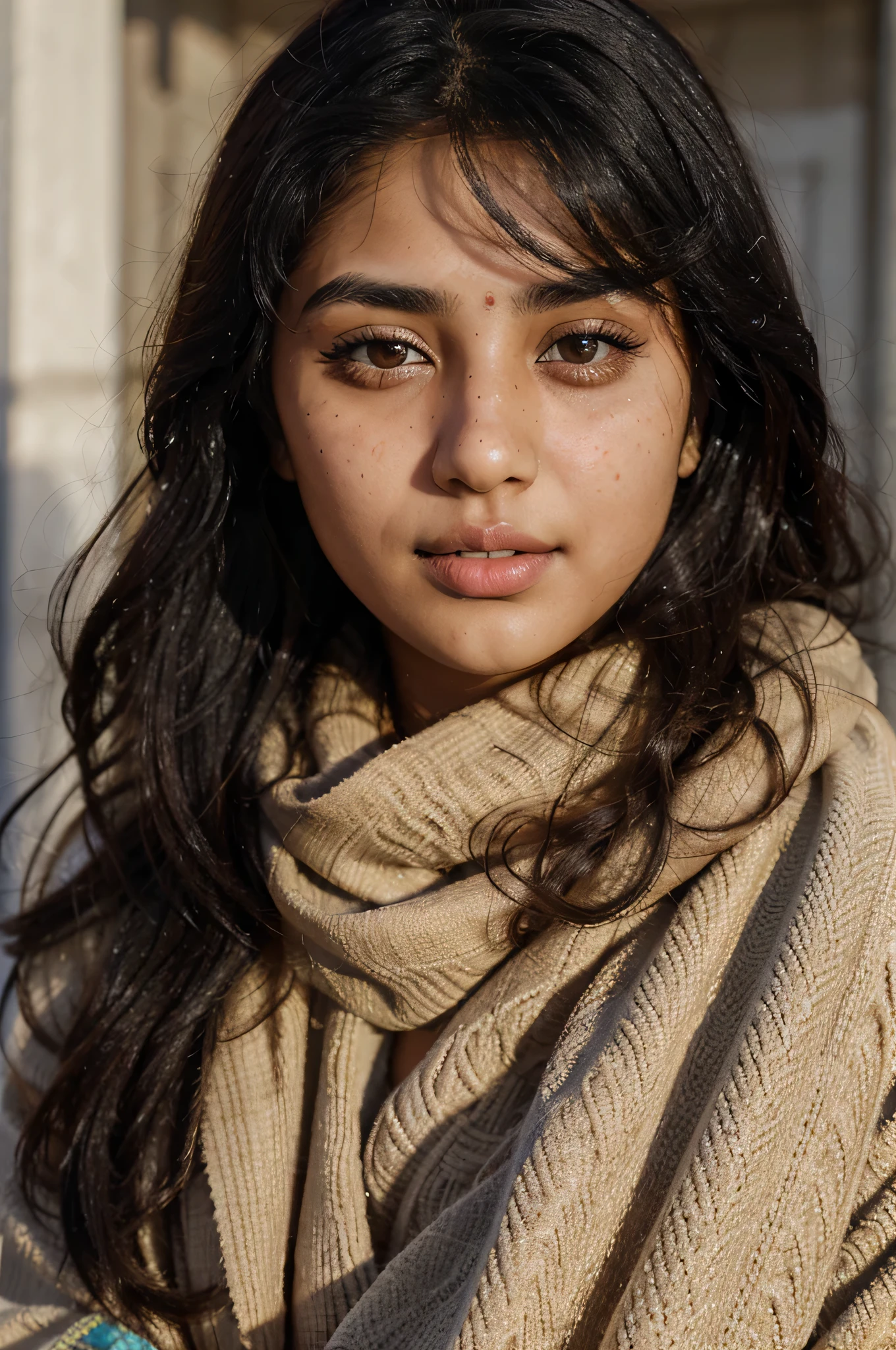A beautiful Pakistani girl with thick black hair and bright skin, brown eyes and light freckles on her cheeks, sharped background, natural cold weather daylight