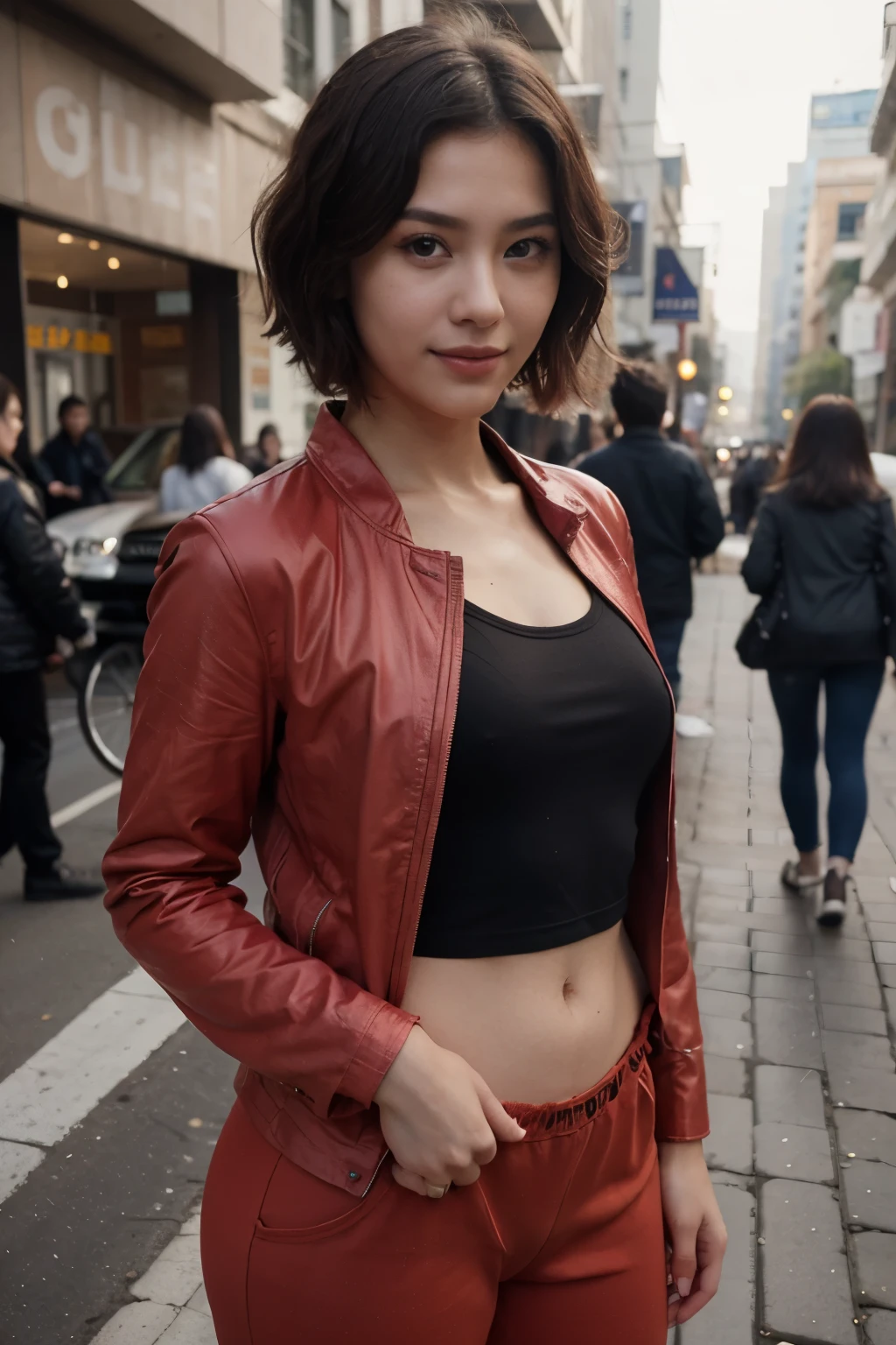 top-quality、masterpiece、超A high resolution、(realisitic:1.4)、Beautuful Women1、Beautiful detail eyes、smile、Light brown short-cut hair, She is Wearing a shirt and long pants posing for a photo, gorgeous chinese model, photo of girl model, IG-Modell, beautiful female model, on the street, shirt, red shirt, long pants, underwear, brown jacket