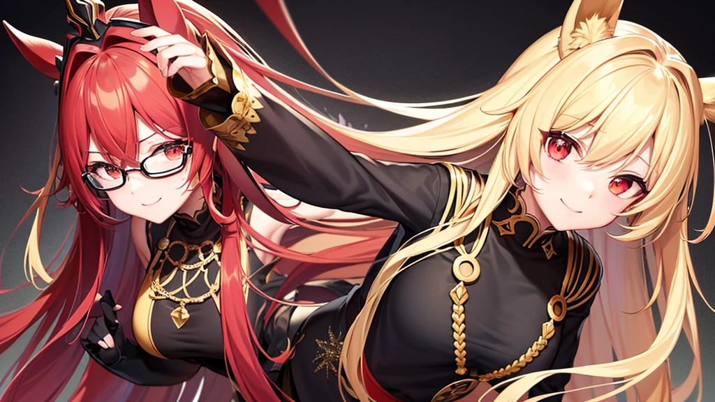 black background。Use black, red, and gold as the base color of the person.。anime coloring。Detailed low angle drawing。Draw the face in detail。Draw hands in detail。Draw long pants in detail。draw the dress in detail。horse ears on a woman&#39;s head。Cute beautiful girl running。Draw long hair in detail。Draw a large tiara in detail。smile。Glasses。