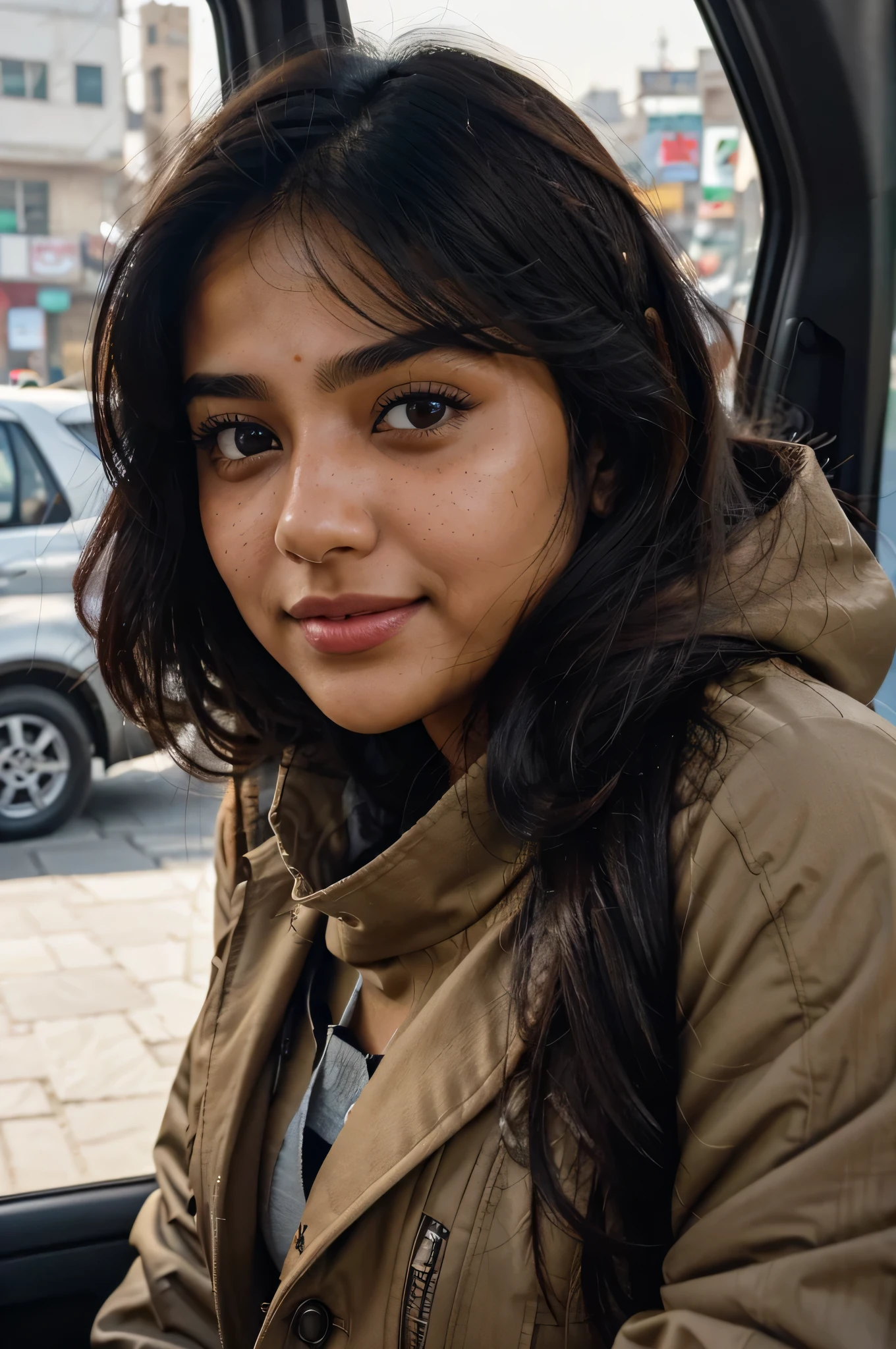 A beautiful Pakistani girl with thick black hair and bright skin, brown eyes and light freckles her cheeks, full winter clothes, taking a selfie inside the car with a happy facial expression, sharped background with the view of Lahore city, natural light, ((mobile clicked photo)), ((sharped background)) vibrant color